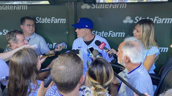 Jul 17, 2023; Chicago, Illinois, USA;  Chicago Cubs Draft pic Matt Shaw speaks with reporters before the teams game against the Washington Nationals at Wrigley Field.