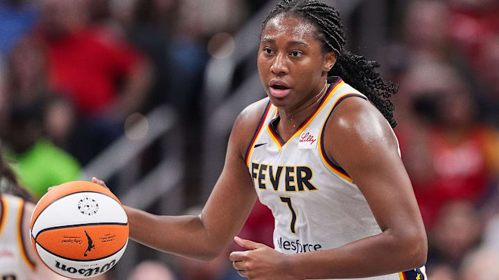 Indiana Fever forward Aliyah Boston (7) rushes up the court Friday, July 12, 2024, during the game at Gainbridge Fieldhouse in Indianapolis. The Indiana Fever defeated the Phoenix Mercury, 95-86.