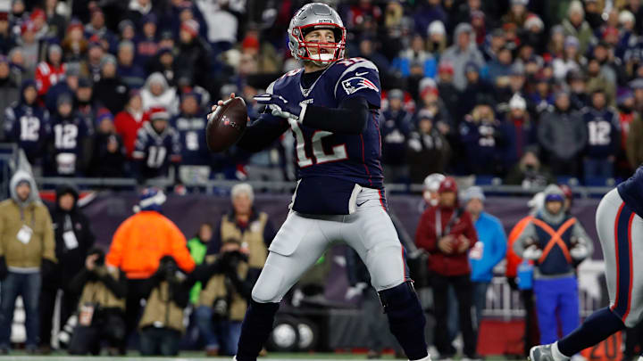 New England Patriots QB Tom Brady drops back to throw against the Buffalo Bills during the second quarter at Gillette Stadium. New England Patriots QB Tom Brady drops back to throw against the Buffalo Bills during the second quarter at Gillette Stadium.