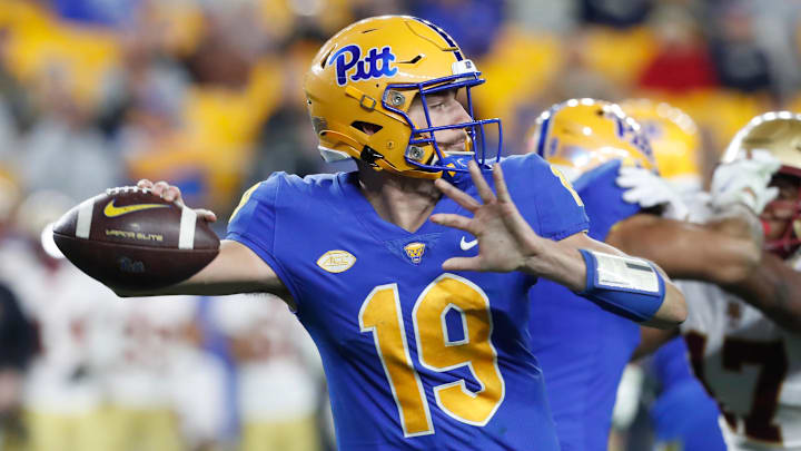 Nov 16, 2023; Pittsburgh, Pennsylvania, USA;  Pittsburgh Panthers quarterback Nate Yarnell (19) passes against the Boston College Eagles during the third quarter at Acrisure Stadium. Mandatory Credit: Charles LeClaire-USA TODAY Sports