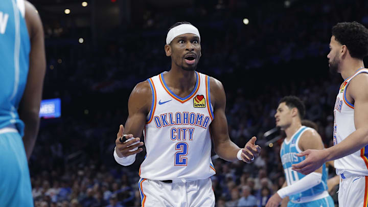 Jan 5, 2026; Oklahoma City, Oklahoma, USA; Oklahoma City Thunder guard Shai Gilgeous-Alexander (2) reacts after an official call following a play against the Charlotte Hornets during the second half at Paycom Center. Mandatory Credit: Alonzo Adams-Imagn Images