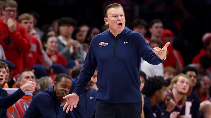 Dec 9, 2025; Columbus, Ohio, USA; Illinois Fighting Illini head coach Brad Underwood reacts to a call during the first half against the Ohio State Buckeyes Value City Arena. Mandatory Credit: Joseph Maiorana-Imagn Images