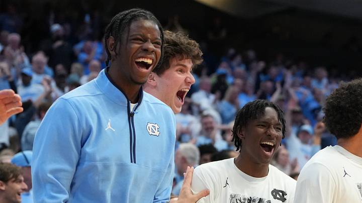 Feb 23, 2026; Chapel Hill, North Carolina, USA; North Carolina Tar Heels forward Caleb Wilson (8) and the bench react in the second half at Dean E. Smith Center. Mandatory Credit: Bob Donnan-Imagn Images