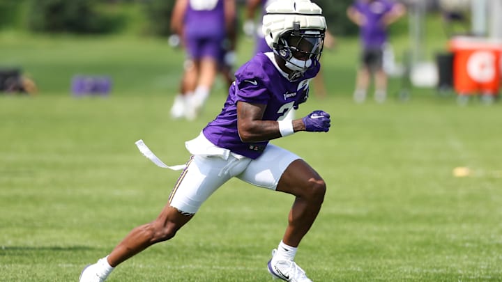 Jul 29, 2025; Eagan, MN, USA; Minnesota Vikings wide receiver Jordan Addison (3) takes part in drills during the teams training camp at the Minnesota Vikings Training Facility. Mandatory Credit: Matt Krohn-Imagn Images
