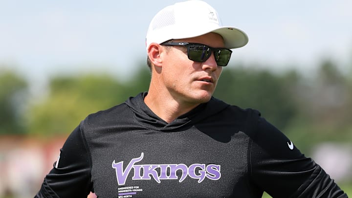 Jul 29, 2025; Eagan, MN, USA; Minnesota Vikings head coach Kevin O'Connell looks on during the teams training camp at the Minnesota Vikings Training Facility. 