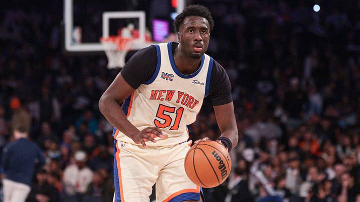 Apr 12, 2026; New York, New York, USA; New York Knicks forward Mohamed Diawara (51) dribbles up court during the second half against the Charlotte Hornets at Madison Square Garden. Mandatory Credit: Vincent Carchietta-Imagn Images