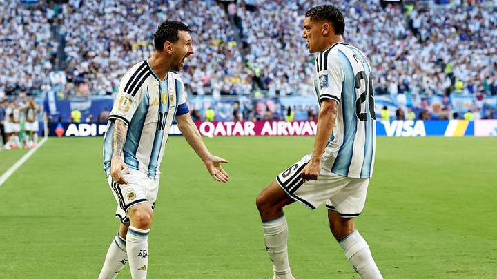 Soccer Football - FIFA World Cup 2026 - Round of 32 - Argentina v Cape Verde - Miami Stadium, Miami Gardens, Florida, U.S. - July 3, 2026 Argentina's Lionel Messi celebrates scoring their first goal with Nahuel Molina REUTERS/Amanda Perobelli Soccer Football - FIFA World Cup 2026 - Round of 32 - Argentina v Cape Verde - Miami Stadium, Miami Gardens, Florida, U.S. - July 3, 2026 Argentina's Lionel Messi celebrates scoring their first goal with Nahuel Molina REUTERS/Amanda Perobelli