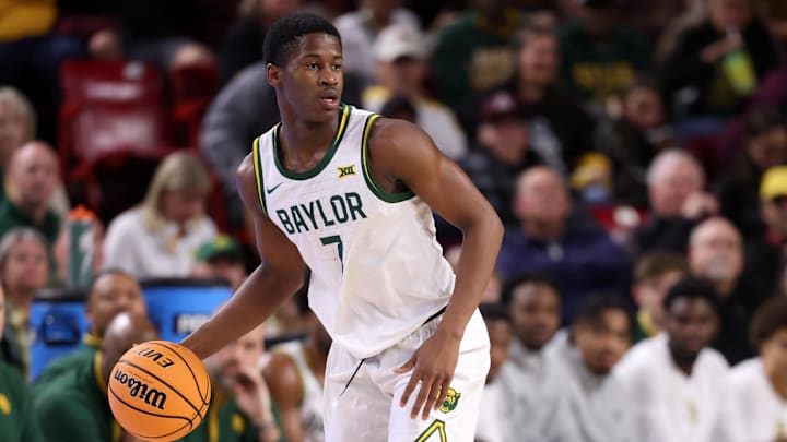 Jan 11, 2025; Tempe, Arizona, USA; Baylor Bears guard VJ Edgecombe (7) against the Arizona State Sun Devils at Desert Financial Arena. Mandatory Credit: Mark J. Rebilas-Imagn Images