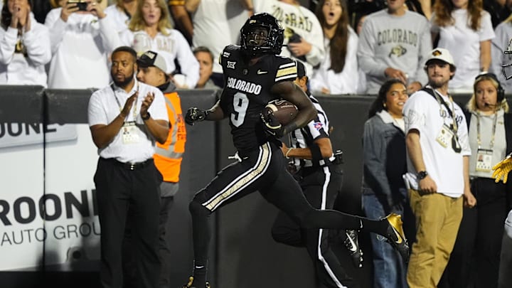 Sep 20, 2025; Boulder, Colorado, USA; Colorado Buffaloes wide receiver Sincere Brown (9) looks back after a sixty eight yard touchdown reception in second quarter against the Wyoming Cowboys at Folsom Field. Mandatory Credit: Ron Chenoy-Imagn Images