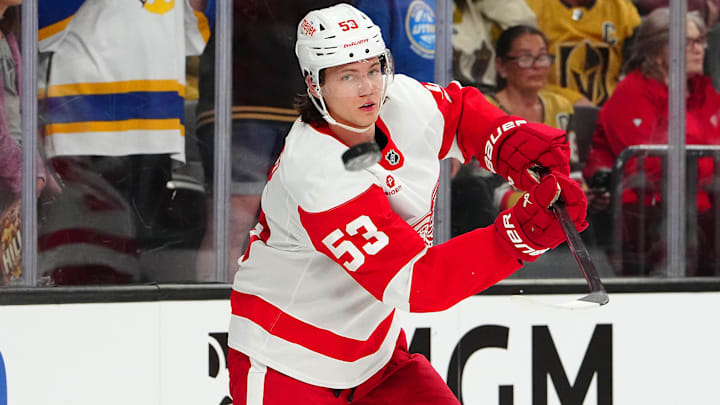 Mar 22, 2025; Las Vegas, Nevada, USA; Detroit Red Wings defenseman Moritz Seider (53) warms up before a game against the Vegas Golden Knights at T-Mobile Arena. Mandatory Credit: Stephen R. Sylvanie-Imagn Images