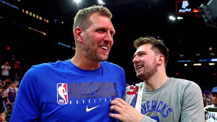 May 15, 2022; Phoenix, Arizona, USA; Dallas Mavericks guard Luka Doncic (77) greets former player Dirk Nowitzki after beating the Phoenix Suns in game seven of the second round for the 2022 NBA playoffs at Footprint Center. Mandatory Credit: Mark J. Rebilas-USA TODAY Sports May 15, 2022; Phoenix, Arizona, USA; Dallas Mavericks guard Luka Doncic (77) greets former player Dirk Nowitzki after beating the Phoenix Suns in game seven of the second round for the 2022 NBA playoffs at Footprint Center. Mandatory Credit: Mark J. Rebilas-USA TODAY Sports