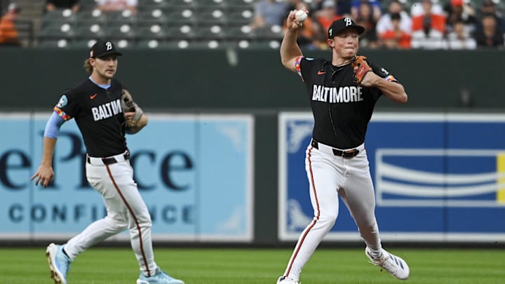 Aug 16, 2024; Baltimore, Maryland, USA; Baltimore Orioles second baseman Jackson Holliday (7) throws to first base as shortstop Gunnar Henderson (2) looks on during the first inning against the Boston Red Sox at Oriole Park at Camden Yards. Aug 16, 2024; Baltimore, Maryland, USA; Baltimore Orioles second baseman Jackson Holliday (7) throws to first base as shortstop Gunnar Henderson (2) looks on during the first inning against the Boston Red Sox at Oriole Park at Camden Yards.