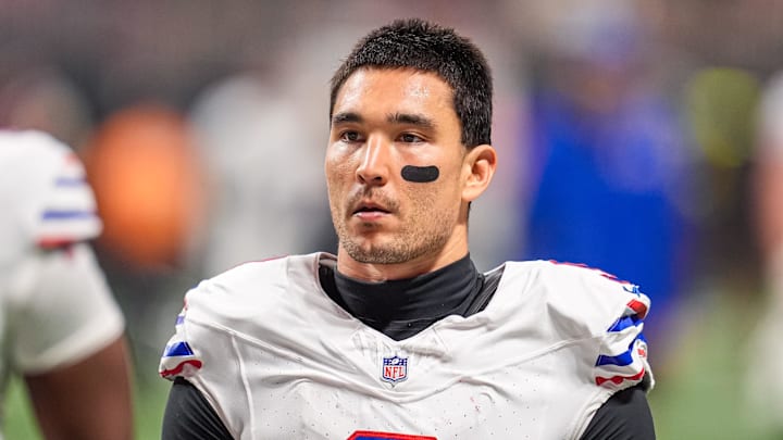 Oct 13, 2025; Atlanta, Georgia, USA; Buffalo Bills safety Taylor Rapp (9) on the field against the Atlanta Falcons at Mercedes-Benz Stadium. Mandatory Credit: Dale Zanine-Imagn Images