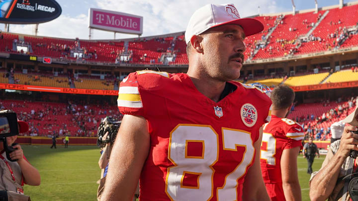 Aug 17, 2024; Kansas City, Missouri, USA; Kansas City Chiefs tight end Travis Kelce (87) on field after the win over the Detroit Lions during the game at GEHA Field at Arrowhead Stadium. Mandatory Credit: Denny Medley-Imagn Images