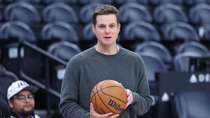 Dec 15, 2025; Salt Lake City, Utah, USA; Utah Jazz head coach Will Hardy watches the team warm up before the game against the Dallas Mavericks at Delta Center. Mandatory Credit: Rob Gray-Imagn Images