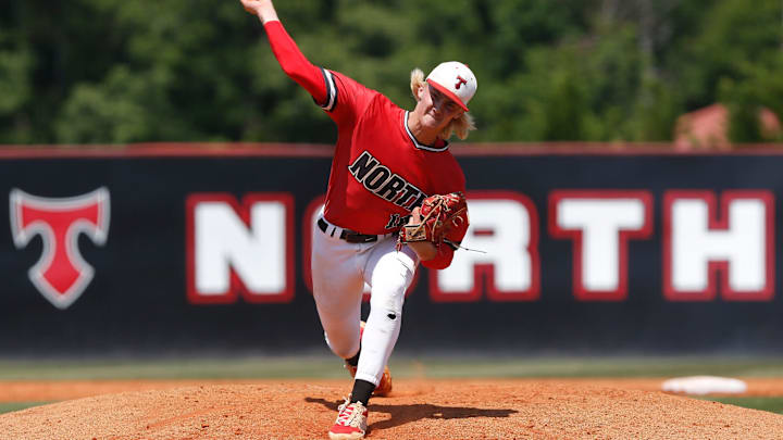 North Oconee's Bubba Chandler throws a pitch during Game 1 of a GHSA Class 4A semifinal doubleheader
