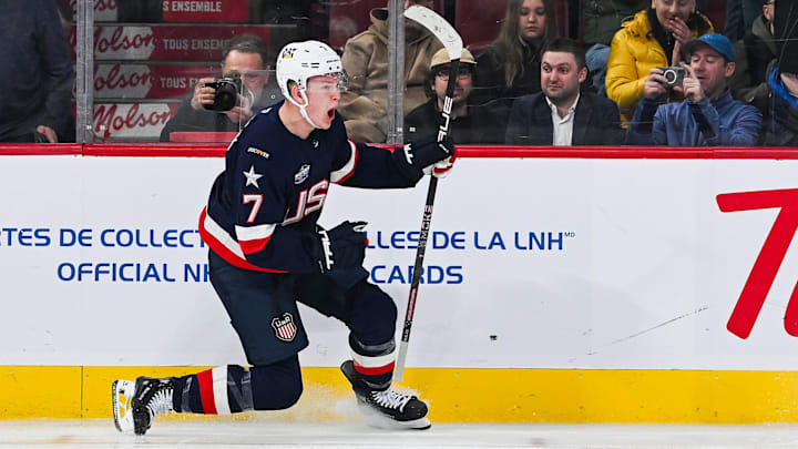Feb 13, 2025; Montreal, Quebec, CAN; [Imagn Images direct customers only] Team USA forward Brady Tkachuk (7) celebrates his goal against Team Finland in the third period during a 4 Nations Face-Off ice hockey game at Bell Centre. Mandatory Credit: David Kirouac-Imagn Images
