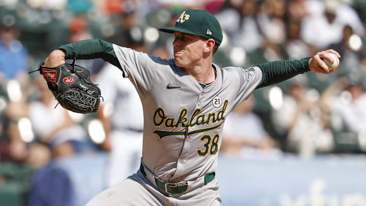 Sep 15, 2024; Chicago, Illinois, USA; Oakland Athletics starting pitcher JP Sears (38) delivers a pitch against the Chicago White Sox during the first inning at Guaranteed Rate Field. Mandatory Credit: Kamil Krzaczynski-Imagn Images