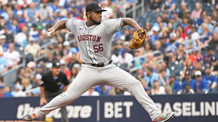 Houston Astros starting pitcher Ronel Blanco (56) pitches against the Toronto Blue Jays at Rogers Centre. Houston Astros starting pitcher Ronel Blanco (56) pitches against the Toronto Blue Jays at Rogers Centre.