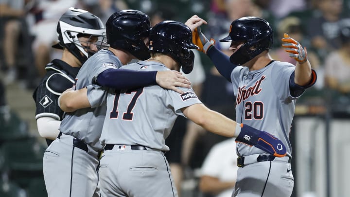 Aug 26, 2024; Chicago, Illinois, USA; Detroit Tigers first baseman Spencer Torkelson (20) celebrates with second baseman Jace Jung (17) and second baseman Colt Keith (33) after hitting a three-run home run against the Chicago White Sox during the seventh inning at Guaranteed Rate Field. 
