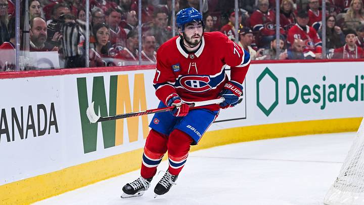 Apr 26, 2026; Montreal, Quebec, CAN; Montreal Canadiens center Kirby Dach (77) skates against the Tampa Bay Lightning during the first period in game four of the first round of the 2026 Stanley Cup Playoffs at Bell Centre. Mandatory Credit: David Kirouac-Imagn Images