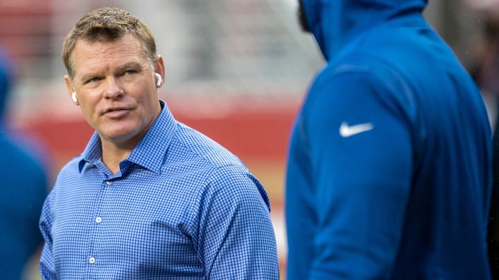Chris Ballard, the General Manager of the Indianapolis Colts, chats with a player a couple of hours before kickoff against the 49ers Sunday, Oct. 24, 2021, at Levi's Stadium in Santa Clara, Calif.

Indianapolis Colts Visit The San Francisco 49ers For Nfl Week 7 At Levi S Stadium In Santa Clara Calif Sunday Oct 24 2021