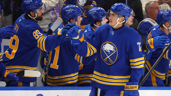 Nov 1, 2025; Buffalo, New York, USA; Buffalo Sabres center Tage Thompson (72) celebrates his goal with teammates during the first period against the Washington Capitals at KeyBank Center. Mandatory Credit: Timothy T. Ludwig-Imagn Images Nov 1, 2025; Buffalo, New York, USA; Buffalo Sabres center Tage Thompson (72) celebrates his goal with teammates during the first period against the Washington Capitals at KeyBank Center. Mandatory Credit: Timothy T. Ludwig-Imagn Images