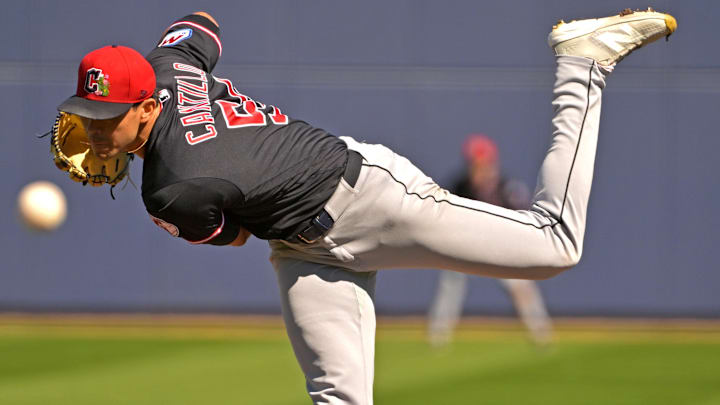 Feb 21, 2026: Cleveland Guardians pitcher Joey Cantillo (54) delivers to the plate in the first inning against the against the Milwaukee Brewers at American Family Fields of Phoenix. 