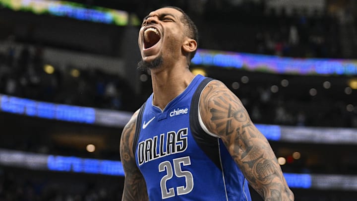 Jan 9, 2025; Dallas, Texas, USA; Dallas Mavericks forward P.J. Washington (25) celebrates during the second half against the Portland Trail Blazers at the American Airlines Center. Mandatory Credit: Jerome Miron-Imagn Images