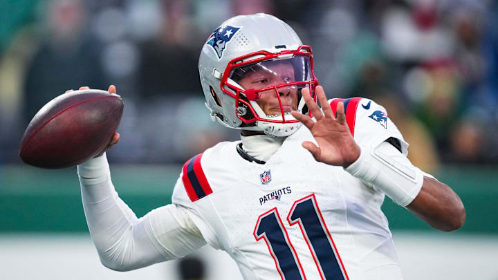 New England Patriots quarterback Joshua Dobbs (11) throws the ball during a game against the New York Jets at MetLife Stadium, Dec 28, 2025, East Rutherford, NJ, USA.
