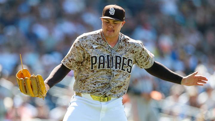 San Diego Padres relief pitcher Adrian Morejon (50) celebrates walking off the field during the eighth inning against the San Francisco Giants at Petco Park on Aug. 2, 2026. San Diego Padres relief pitcher Adrian Morejon (50) celebrates walking off the field during the eighth inning against the San Francisco Giants at Petco Park on Aug. 2, 2026.