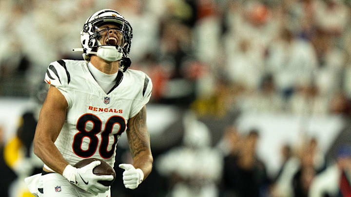 Cincinnati Bengals wide receiver Andrei Iosivas (80) reacts after a making a first down catch in the third quarter of the NFL game between the Cincinnati Bengals and Pittsburgh Steelers at Paycor Stadium in Cincinnati on Oct. 16, 2025.