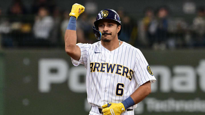 Apr 26, 2026; Milwaukee, Wisconsin, USA; Milwaukee Brewers shortstop David Hamilton (6) reacts after hitting a double to drive in a run in the fourth inning against the Pittsburgh Pirates at American Family Field. Mandatory Credit: Benny Sieu-Imagn Images