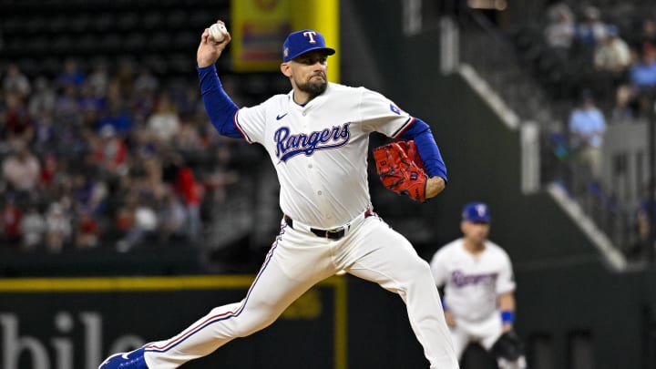 May 2, 2024; Arlington, Texas, USA; Texas Rangers starting pitcher Nathan Eovaldi (17) pitches against the Washington Nationals during the first inning at Globe Life Field. Mandatory Credit: Jerome Miron-USA TODAY Sports May 2, 2024; Arlington, Texas, USA; Texas Rangers starting pitcher Nathan Eovaldi (17) pitches against the Washington Nationals during the first inning at Globe Life Field. Mandatory Credit: Jerome Miron-USA TODAY Sports