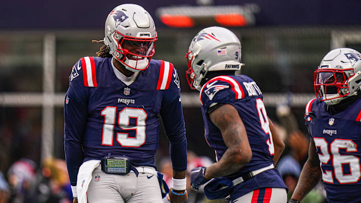 Jan 5, 2025; Foxborough, Massachusetts, USA; New England Patriots quarterback Joe Milton III (19) reacts after his touchdown pass against the Buffalo Bills in the first half at Gillette Stadium. Mandatory Credit: David Butler II-Imagn Images