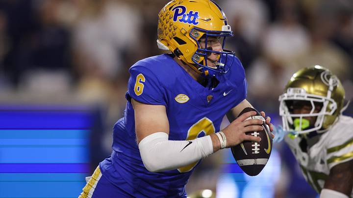 Nov 22, 2025; Atlanta, Georgia, USA; Pittsburgh Panthers quarterback Mason Heintschel (6) scrambles against the Georgia Tech Yellow Jackets in the fourth quarter at Bobby Dodd Stadium at Hyundai Field. Mandatory Credit: Brett Davis-Imagn Images Nov 22, 2025; Atlanta, Georgia, USA; Pittsburgh Panthers quarterback Mason Heintschel (6) scrambles against the Georgia Tech Yellow Jackets in the fourth quarter at Bobby Dodd Stadium at Hyundai Field. Mandatory Credit: Brett Davis-Imagn Images