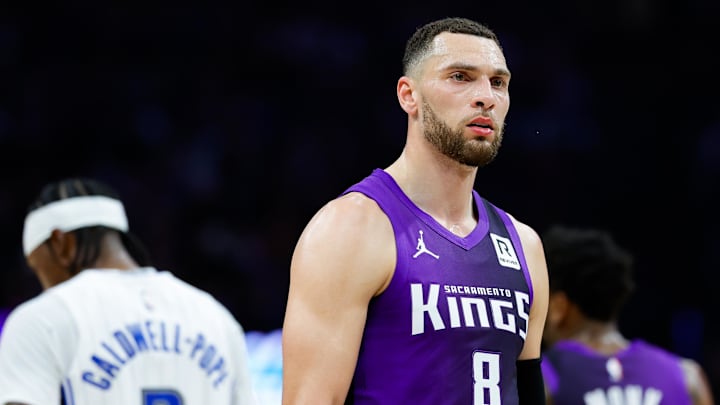 Feb 5, 2025; Sacramento, California, USA; Sacramento Kings guard Zach LaVine (8) looks on during the first quarter against the Orlando Magic at Golden 1 Center. Mandatory Credit: Sergio Estrada-Imagn Images