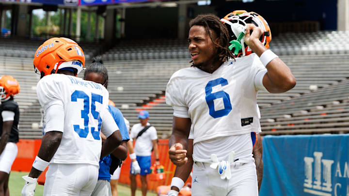 Florida Gators wide receiver Dallas Wilson (6) looks on without a helmet during fall football practice at Ben Hill Griffin Stadium at the University of Florida in Gainesville, FL on Saturday, August 2, 2025. [Matt Pendleton/Gainesville Sun]