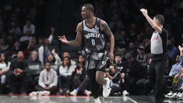 Apr 6, 2025; Brooklyn, New York, USA; Brooklyn Nets forward Dariq Whitehead (0) reacts to making a three point shot against the Toronto Raptors during the first half at Barclays Center. Mandatory Credit: Gregory Fisher-Imagn Images Apr 6, 2025; Brooklyn, New York, USA; Brooklyn Nets forward Dariq Whitehead (0) reacts to making a three point shot against the Toronto Raptors during the first half at Barclays Center. Mandatory Credit: Gregory Fisher-Imagn Images