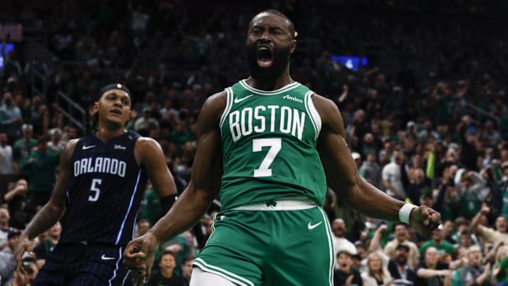 Apr 23, 2025; Boston, Massachusetts, USA: Boston Celtics guard Jaylen Brown (7) shouts out after dunking as Orlando Magic forward Paolo Banchero (5) turns away during the second half of game two of the first round of the 2024 NBA Playoffs at TD Garden. Mandatory Credit: Winslow Townson-Imagn Images Apr 23, 2025; Boston, Massachusetts, USA: Boston Celtics guard Jaylen Brown (7) shouts out after dunking as Orlando Magic forward Paolo Banchero (5) turns away during the second half of game two of the first round of the 2024 NBA Playoffs at TD Garden. Mandatory Credit: Winslow Townson-Imagn Images
