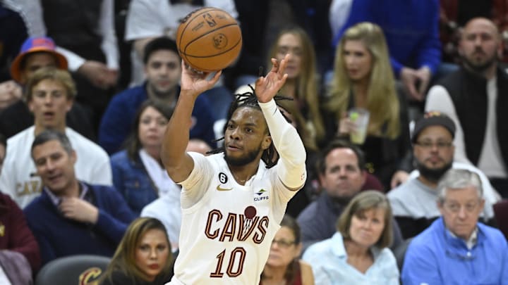 Apr 26, 2023; Cleveland, Ohio, USA; Cleveland Cavaliers guard Darius Garland (10) shoots in the