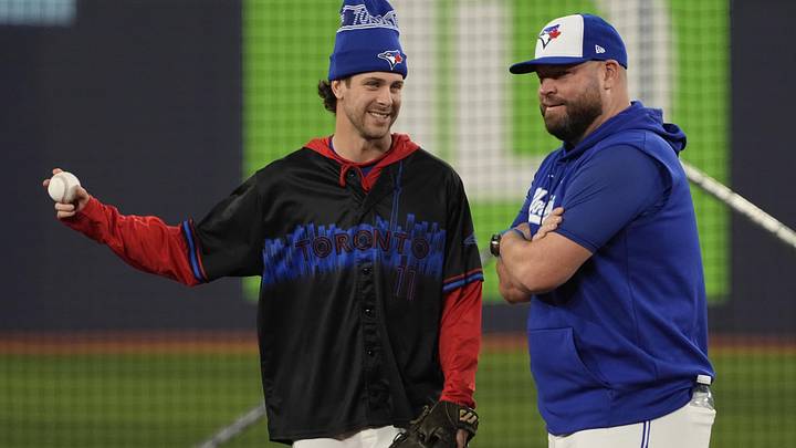 Oct 23, 2025; Toronto, ON, Canada; Toronto Blue Jays infielder Ernie Clement (22) and manager John Schneider during batting pratice on media day before game one of the World Series at Rogers Centre. Mandatory Credit: John E. Sokolowski-Imagn Images Oct 23, 2025; Toronto, ON, Canada; Toronto Blue Jays infielder Ernie Clement (22) and manager John Schneider during batting pratice on media day before game one of the World Series at Rogers Centre. Mandatory Credit: John E. Sokolowski-Imagn Images