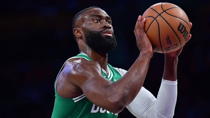 Feb 22, 2026; Los Angeles, California, USA; Boston Celtics guard Jaylen Brown (7) shoots a free throw basket against the Los Angeles Lakers during the first half at Crypto.com Arena. Mandatory Credit: Gary A. Vasquez-Imagn Images