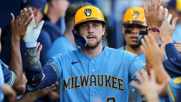 Apr 18, 2026; Miami, Florida, USA; Milwaukee Brewers second baseman Brice Turang (2) celebrates with teammates after hitting a two-run home against the Miami Marlins during the fifth inning at loanDepot Park. Mandatory Credit: Sam Navarro-Imagn Images