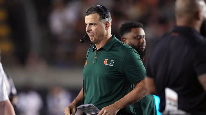 Oct 5, 2024; Berkeley, California, USA; Miami Hurricanes head coach Mario Cristobal walks on the field during a timeout in the second quarter against the California Golden Bears at California Memorial Stadium. Mandatory Credit: Darren Yamashita-Imagn Images