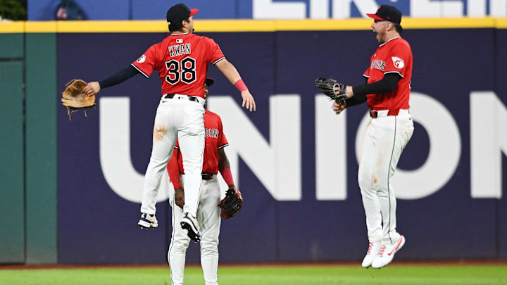 Aug 30, 2025; Cleveland, Ohio, USA; Cleveland Guardians left fielder Steven Kwan (38) and center fielder Angel Martinez (1) and right fielder Nolan Jones (22) celebrate after the Guardians beat the Seattle Mariners at Progressive Field. Mandatory Credit: Ken Blaze-Imagn Images Aug 30, 2025; Cleveland, Ohio, USA; Cleveland Guardians left fielder Steven Kwan (38) and center fielder Angel Martinez (1) and right fielder Nolan Jones (22) celebrate after the Guardians beat the Seattle Mariners at Progressive Field. Mandatory Credit: Ken Blaze-Imagn Images
