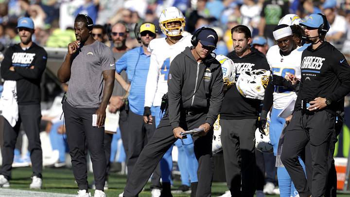 Oct 4, 2026; Seattle, Washington, USA; Los Angeles Chargers head coach Jim Harbaugh reacts after a play against the Seattle Seahawks during the second half at Lumen Field. Mandatory Credit: Joe Nicholson-Imagn Images Oct 4, 2026; Seattle, Washington, USA; Los Angeles Chargers head coach Jim Harbaugh reacts after a play against the Seattle Seahawks during the second half at Lumen Field. Mandatory Credit: Joe Nicholson-Imagn Images