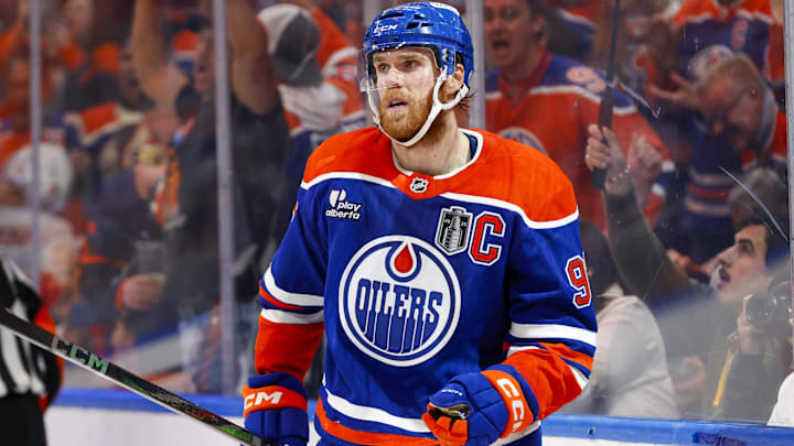 Jun 14, 2025; Edmonton, Alberta, CAN; Edmonton Oilers center Connor McDavid (97) celebrates scoring during the third period against the Florida Panthers in game five of the 2025 Stanley Cup Final at Rogers Place. Mandatory Credit: Perry Nelson-Imagn Images