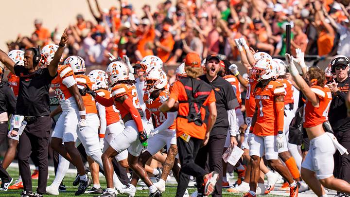 Oklahoma State celebrates as the Oregon Ducks face the Oklahoma State Cowboys on Sept. 12, 2026, at Boone Pickens Stadium in Stillwater, Oklahoma.
