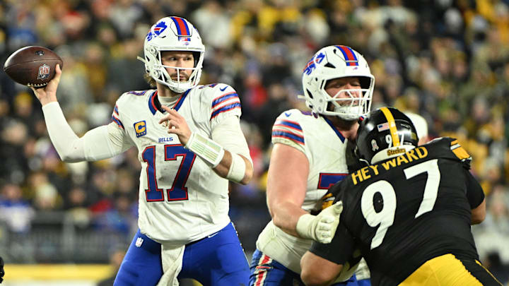Nov 30, 2025; Pittsburgh, Pennsylvania, USA; Buffalo Bills quarterback Josh Allen (17) looks to pass during the third quarter against the Pittsburgh Steelers at Acrisure Stadium. Nov 30, 2025; Pittsburgh, Pennsylvania, USA; Buffalo Bills quarterback Josh Allen (17) looks to pass during the third quarter against the Pittsburgh Steelers at Acrisure Stadium.